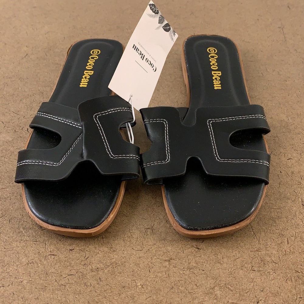 Coco Beau Women's Shoe Size 6 Black White Contrast Stitching Slip On Sandals NWT